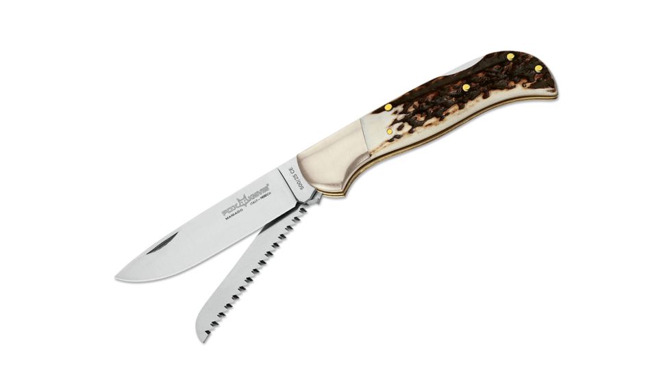 Boker 500/2Sce Fox Multihunter Stag2 Folding Knife, 3.3in, N690, Uncoated, Brown, 500/2SCE