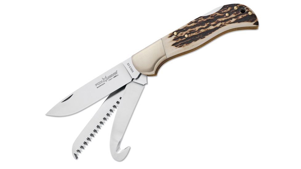 Boker 500/3Ce Fox Multihunter Stag3 Folding Knife, 3.3in, N690, Uncoated, Brown, 500/3CE