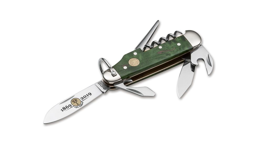 Boker Camp Knife Anniversary 150 Folding Knife, 2.6in, Curly Birch Wood, Uncoated, Green, 116051