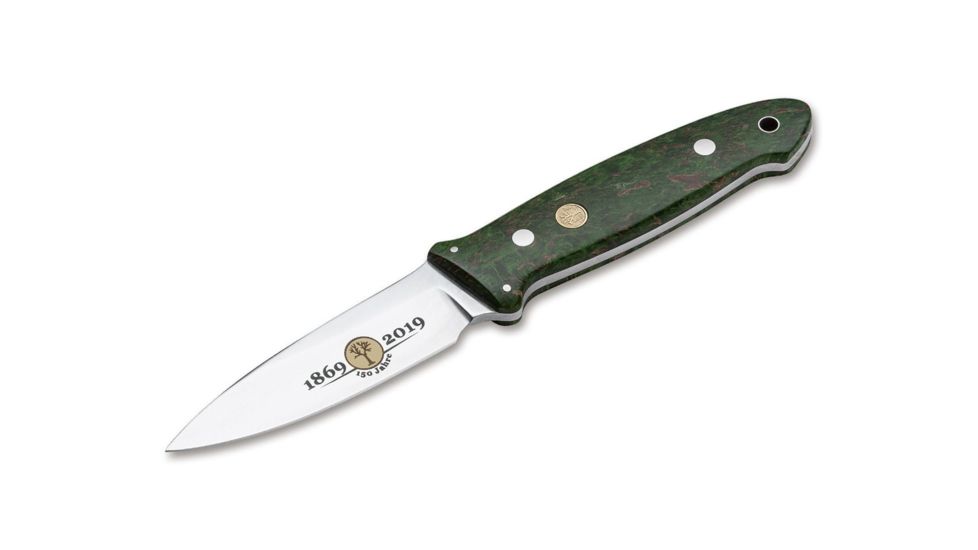 Boker Cub Anniversary 150 Fixed Blade Knife, 3.8in, N690, Curly Birch Wood, Uncoated, Green, 126661
