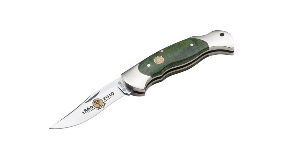 Boker Scout Anniversary 150 Fixed Blade Knife, 3.1in, N690, Curly Birch Wood, Uncoated, Green, 116120