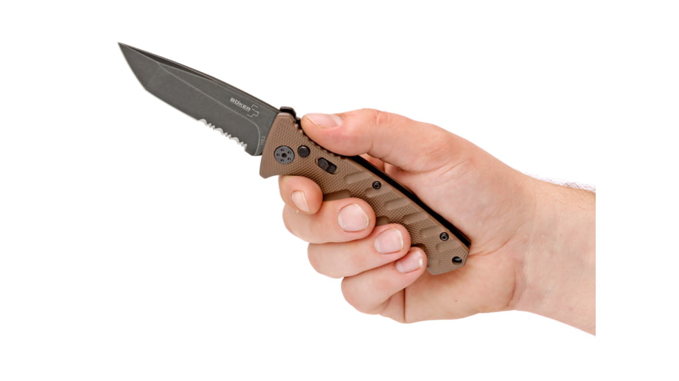 Boker Strike Coyote Tanto Folding Knife, 3.3in, AUS-8, Aluminum, Khaki, 01BO425N