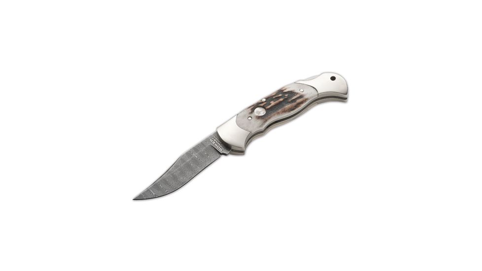 Boker USA Lockback Folding Knife,3.125in,Damascus Steel Clip Blade,Genuine Stag Handle BO02577