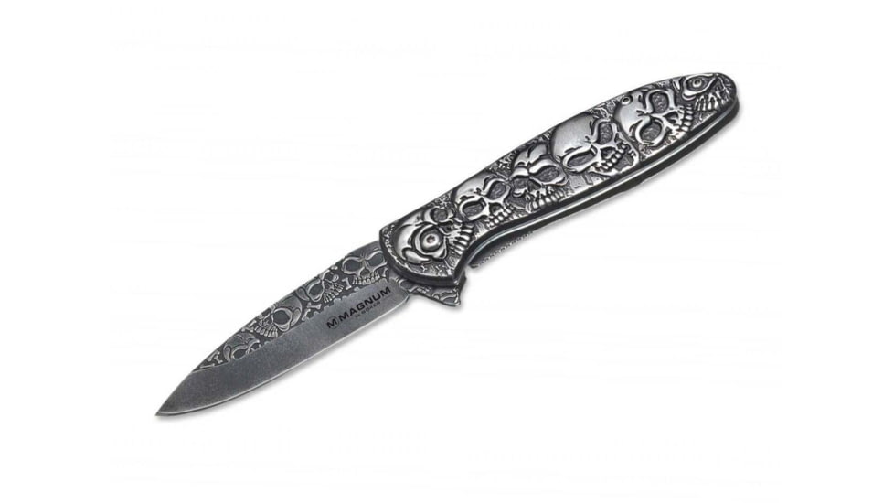 Boker USA Magnum Dia De Los Muertos Folding Knife, 4.5in Closed, 3.38in, 440 SS, Black Stonewash Blade, Black Stonewash Stainless Handle, 01SC519N