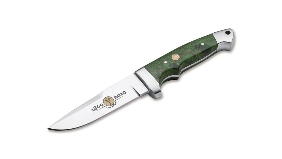 Boker Vollintegral Anniversary Fixed Blade Knife, 4.7in, 440C, Curly Birch Wood, Uncoated, Green, 126585