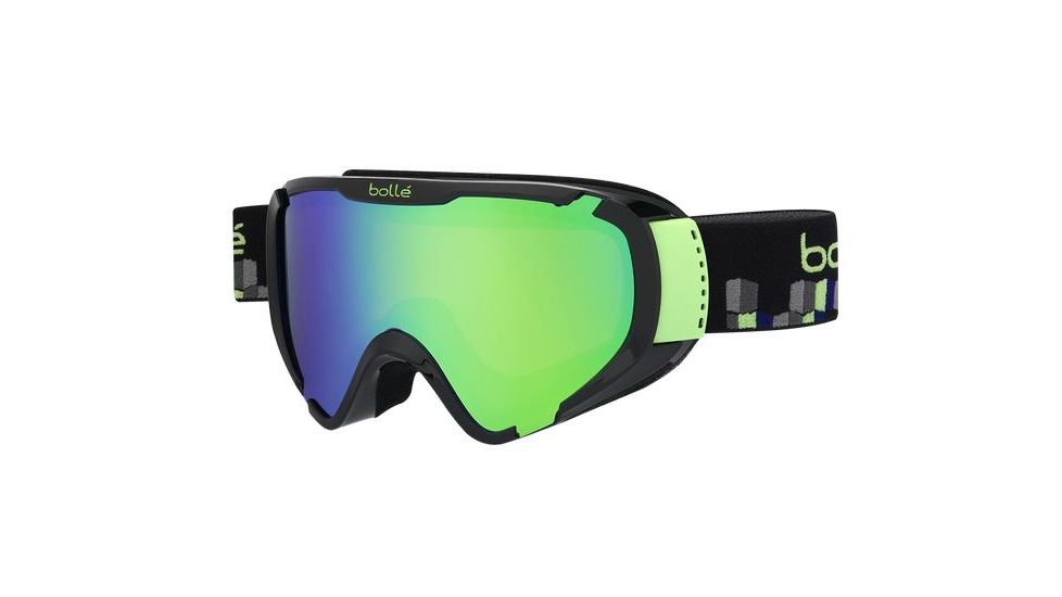 Bolle Explorer Ski/Snowboard Goggles,Shiny Black Cubes Frame,Green Emerald Lens 21351