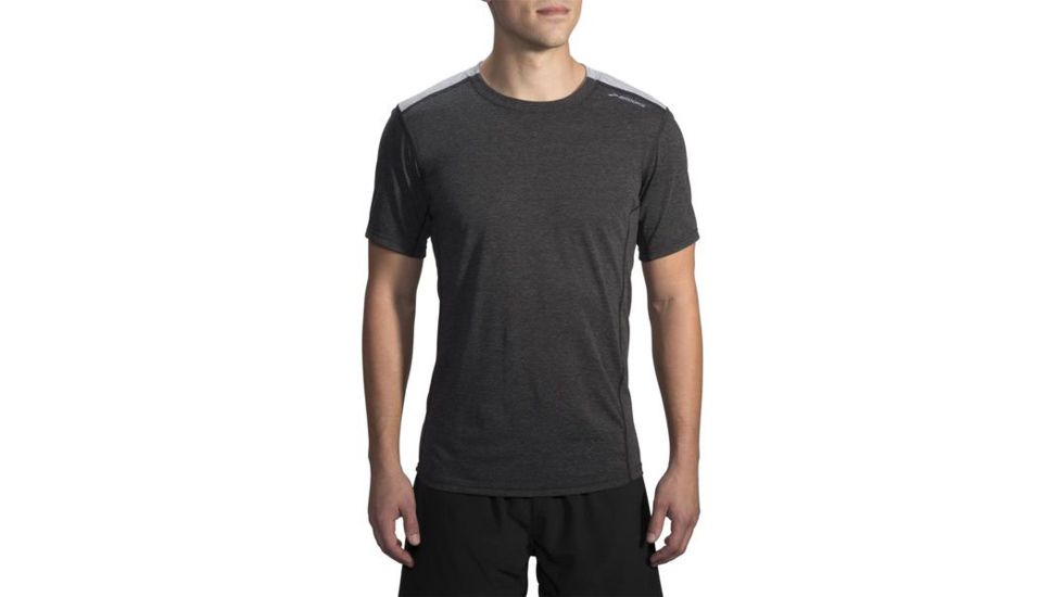 Brooks Distance Men's Short Sleeve Shirt, Heather Black/Heather Sterling, Extra Small, 211052-HBLK-HSTRL-XS
