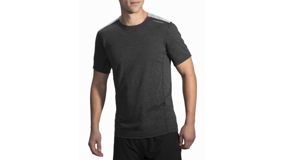 Brooks Distance Men's Short Sleeve Shirt, Heather Black/Heather Sterling, Extra Small, 211052-HBLK-HSTRL-XS