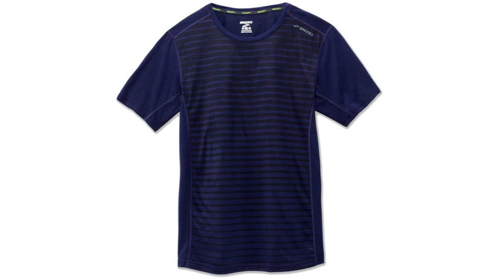 Brooks Distance Men's Short Sleeve Shirt, Heather Navy/Navy Current, Small, 211052-HNV-NVCR-S