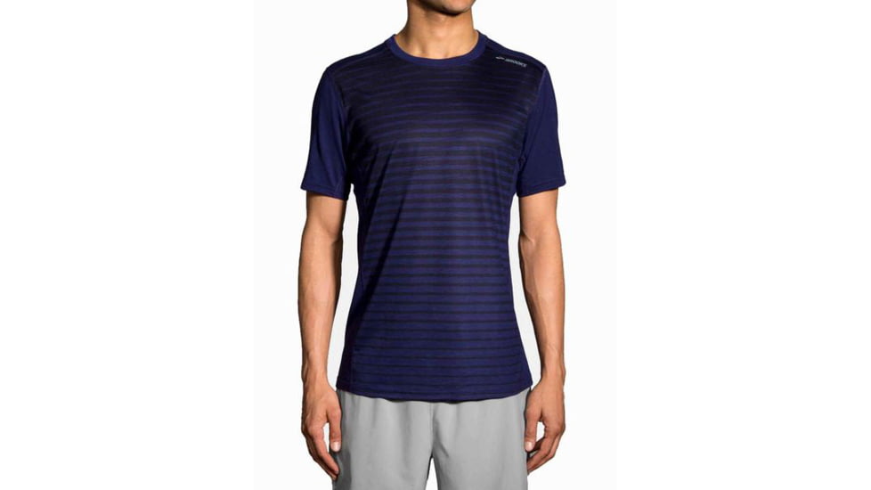 Brooks Distance Men's Short Sleeve Shirt, Heather Navy/Navy Current, Small, 211052-HNV-NVCR-S