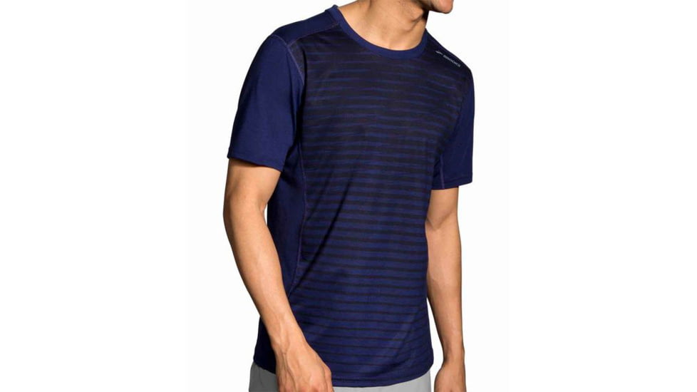 Brooks Distance Men's Short Sleeve Shirt, Heather Navy/Navy Current, Small, 211052-HNV-NVCR-S