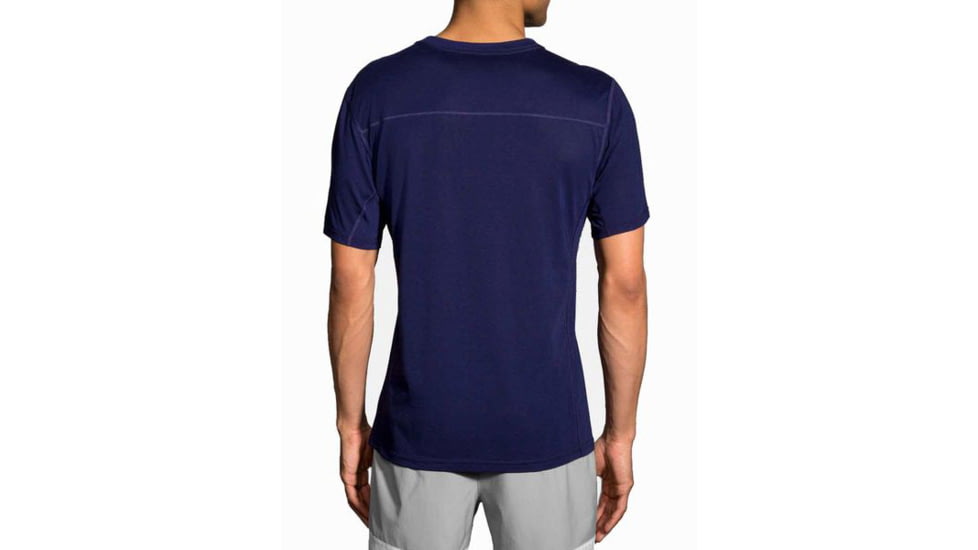 Brooks Distance Men's Short Sleeve Shirt, Heather Navy/Navy Current, Small, 211052-HNV-NVCR-S