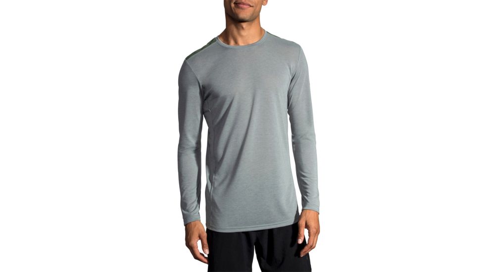 Brooks Distance Mens Long Sleeve Shirt, Heather Sterling/Blaze/Blaze C, 2XL, 211051-HSRLBLZ-BLZC-XXL