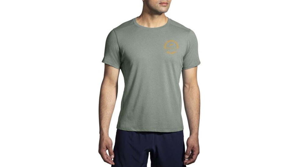 Brooks Distance Short Sleeve 2.0 - Mens, Pebble/Run Happy Track, S, 211453359.025
