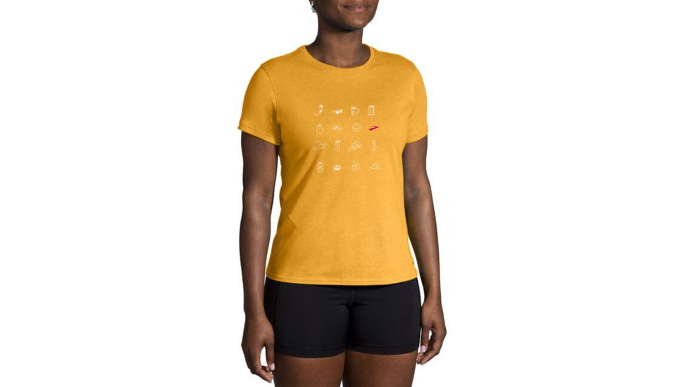 Brooks Distance Short Sleeve 2.0 - Womens, Htr Sun Glow/Run Icons, XS, 221614899.020