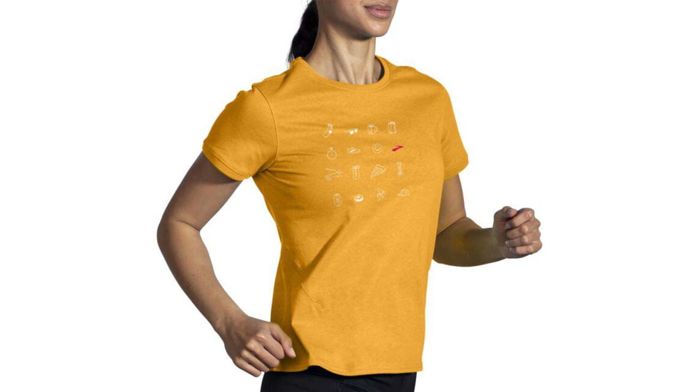 Brooks Distance Short Sleeve 2.0 - Womens, Htr Sun Glow/Run Icons, XS, 221614899.020