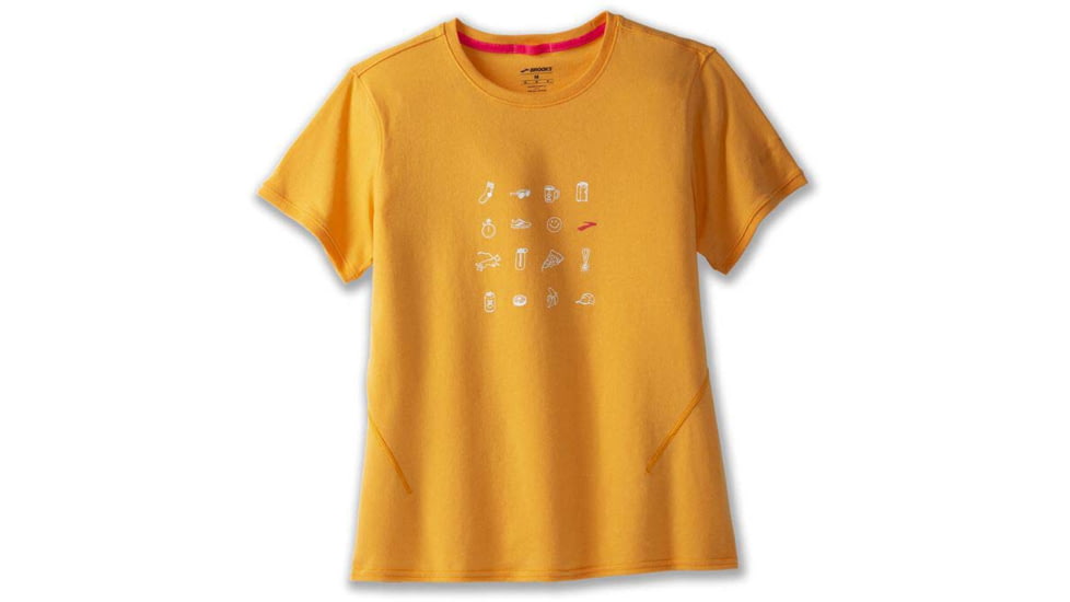 Brooks Distance Short Sleeve 2.0 - Womens, Htr Sun Glow/Run Icons, XS, 221614899.020