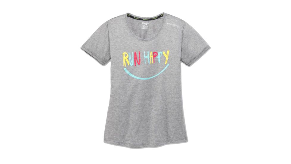 Brooks Distance Womens Running Short Sleeve Shirt, Heather Sterling/Multi Smile R, Extra Large, 221259-HSTRL-MLTSMR-XL