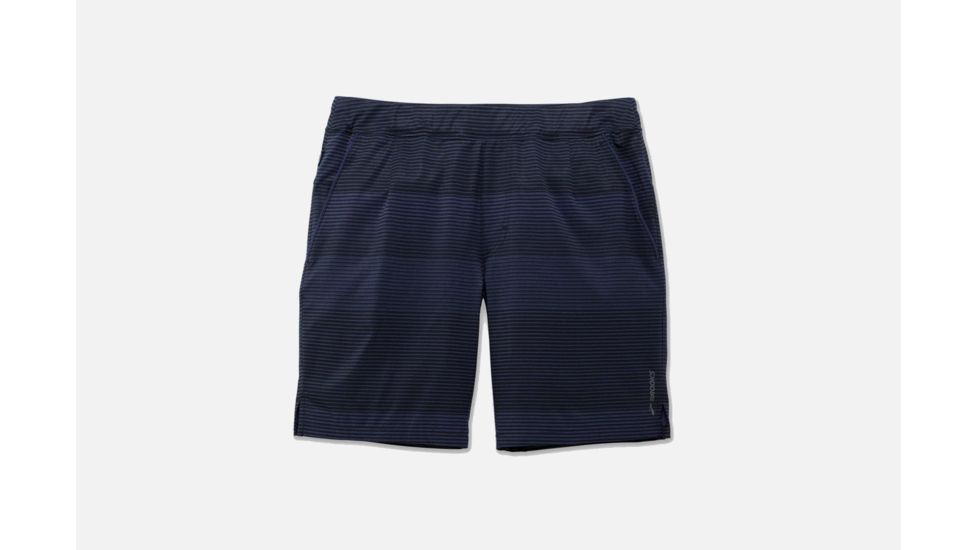 Brooks Fremont 9 Inch Linerless Men's Running Short, Heather Navy/Black Stripe, 2XL 211131-Heather Navy/Black Stripe-XXL