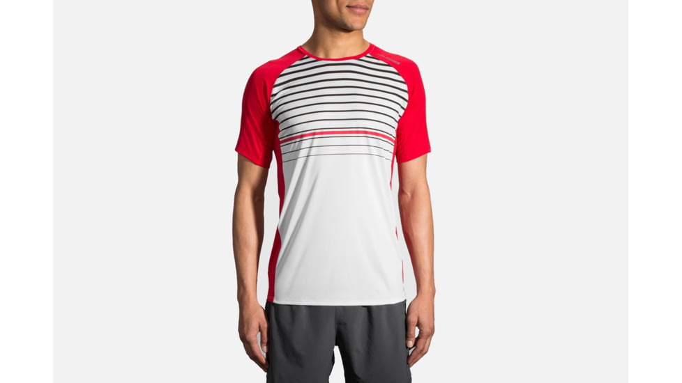 Brooks Stealth Men's Short Sleeve Running Shirt, White/Blaze/Black Stripe, 2XL 211139-White/Blaze/Black Stripe-XXL