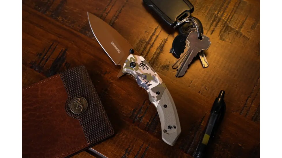 Browning Auric Folding Knife, 3.375in, D2 High Carbon Steel, Drop Point, G10 Handle, N, 3220483