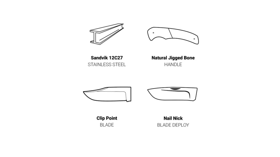 Browning Bone Bluff Folding Knife, 2.625in, Swedish Sandvik 12C27, Clip Point, Bone Handle, N, 3220477