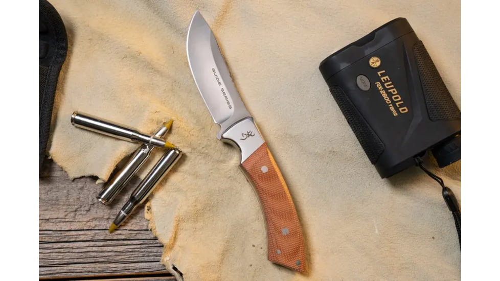 Browning Guide Series Fixed Blade Knife, 3.625in, Sandvik 14C28N, Skinner, G10 Handle, Split Grain Leather, 3220451