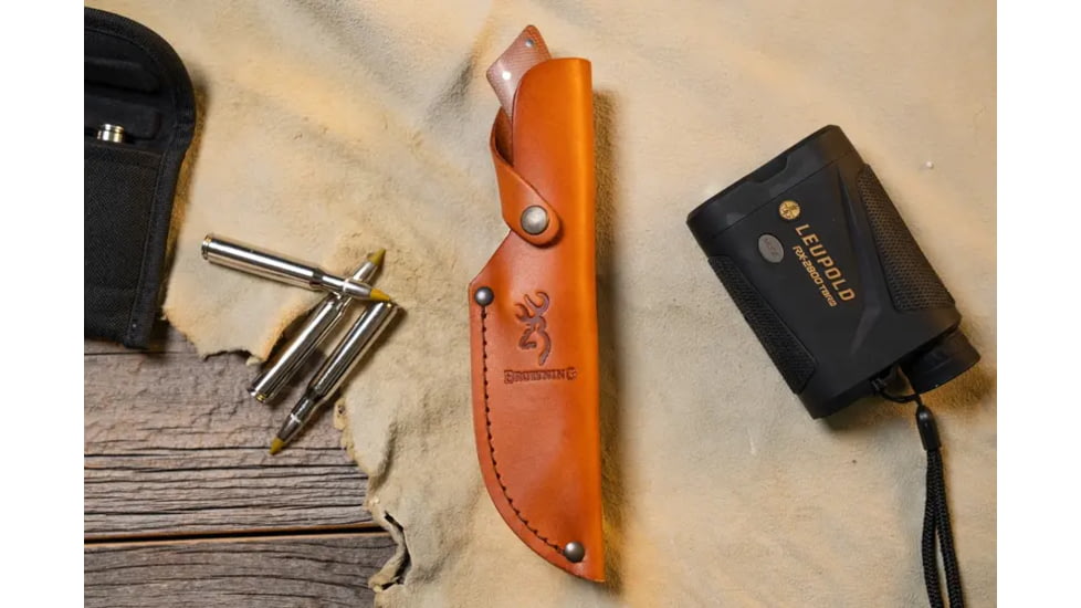 Browning Guide Series Fixed Blade Knife, 3.625in, Sandvik 14C28N, Skinner, G10 Handle, Split Grain Leather, 3220451