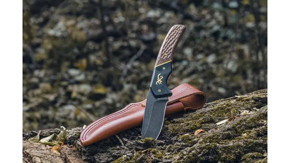 Browning Large Hunter Fixed Blade Knife, 3.625in, 440-C, Drop Point, Wood Handle, Split Grain Leather, 3220397B