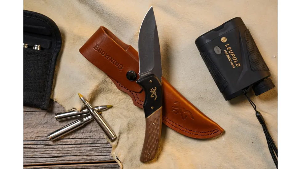 Browning Large Hunter Fixed Blade Knife, 3.625in, 440-C, Drop Point, Wood Handle, Split Grain Leather, 3220397B