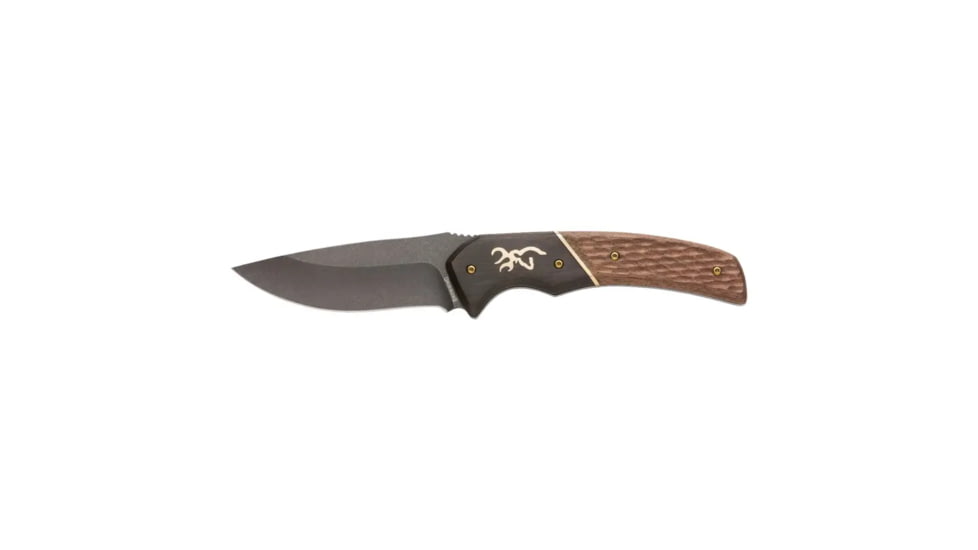 Browning Large Hunter Fixed Blade Knife, 3.625in, 440-C, Drop Point, Wood Handle, Split Grain Leather, 3220397B