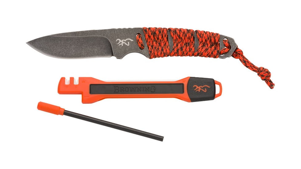 Browning Last Light Combo Fixed Blade Knives, 3.5in, 8Cr13MoV Stainless Steel, Wrapped Paracord, Orange Handle, 3220364