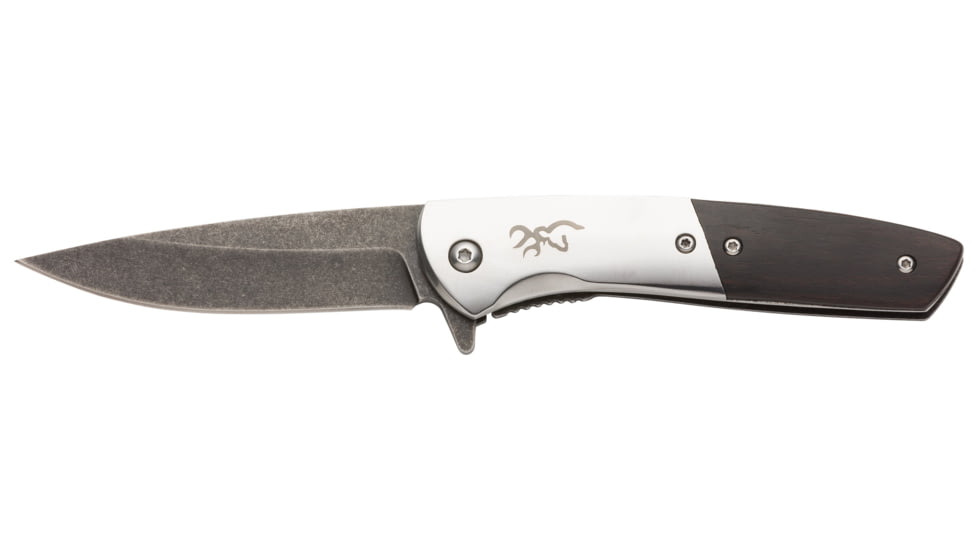 Browning Nine Mile 3in Folding Knife, Drop Point, D2 Tool Steel Blade, Wood Handle, Black, 3220471