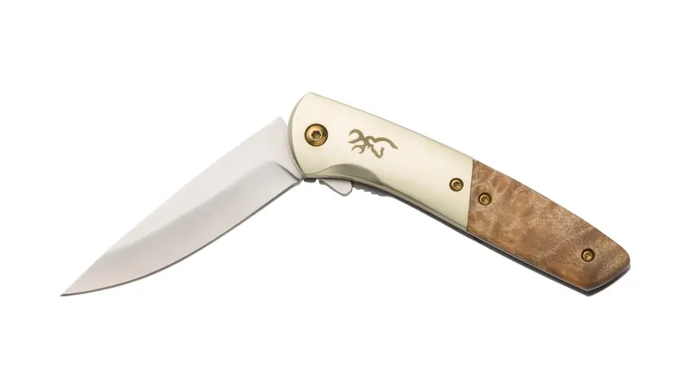 Browning Nine Mile Folding Knife, 3in, D2 High Carbon Steel, Drop Point, Wood Handle, N, 3220470