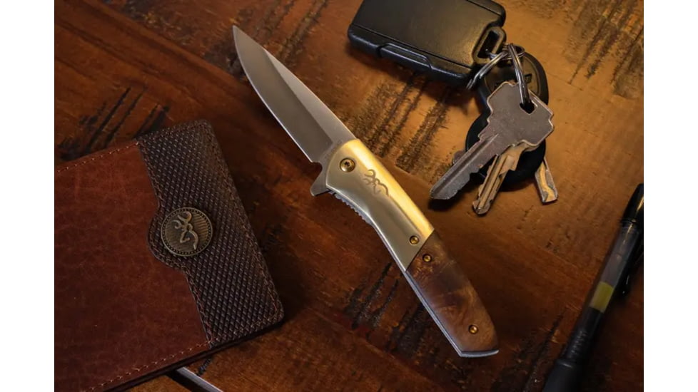 Browning Nine Mile Folding Knife, 3in, D2 High Carbon Steel, Drop Point, Wood Handle, N, 3220470