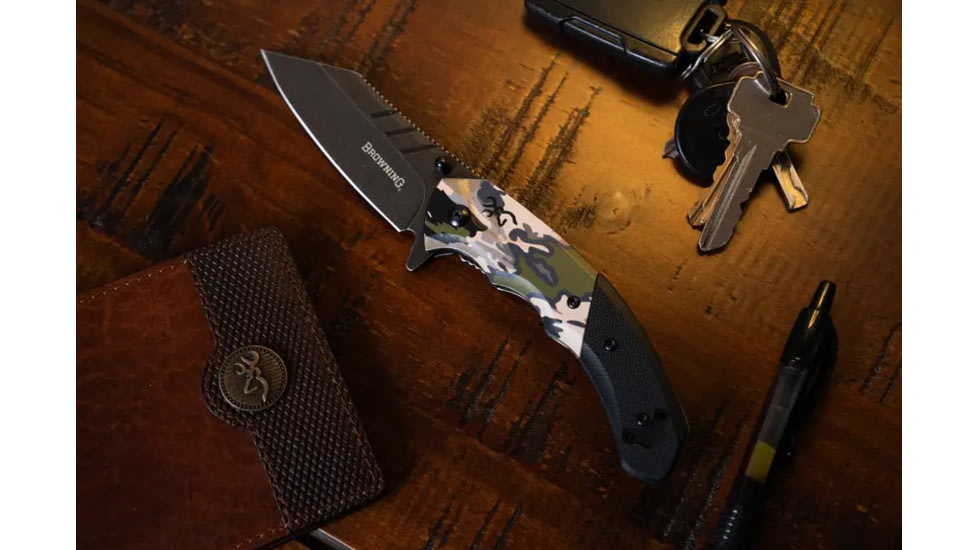 Browning OvixFolding Knife, 3.25in, D2 High Carbon Steel, Tanto, Steel Handle, N, 3220467