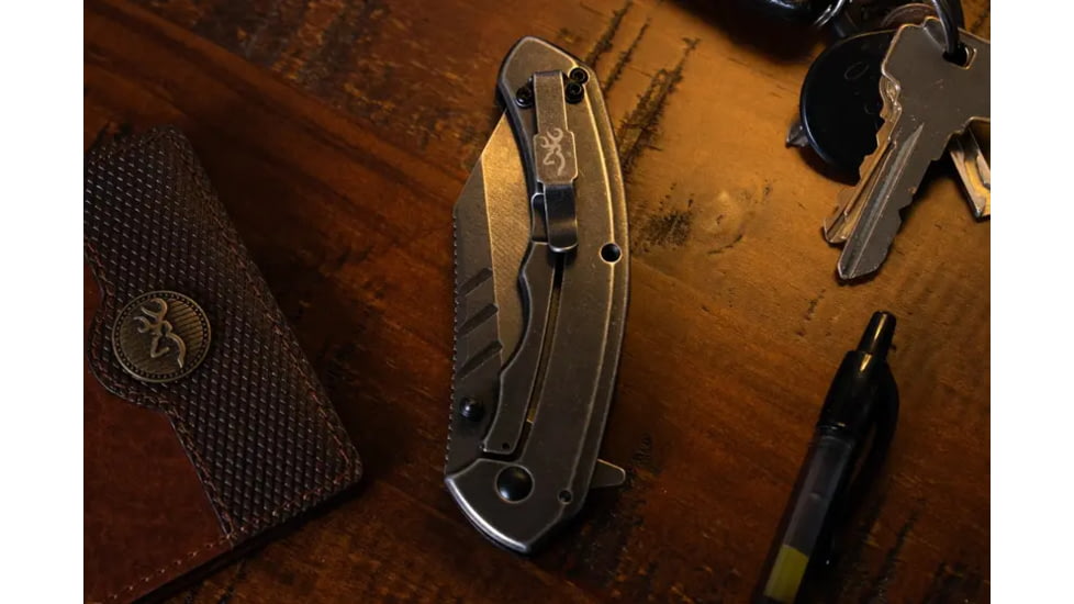 Browning OvixFolding Knife, 3.25in, D2 High Carbon Steel, Tanto, Steel Handle, N, 3220467