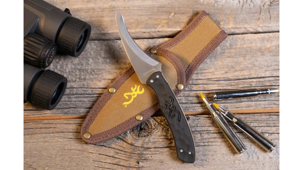 Browning Primal Gut Tool Fixed Blade Knife, 3.125in, 8Cr13MoV, Gut, Polymer/Rubber Handle, Black, 3220424