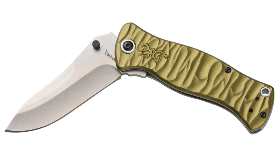 Browning River Stone 3.5in Folder Knife, Drop Point, D2 High Carbon Steel Blade, Aluminum Handle, Green, 3220464