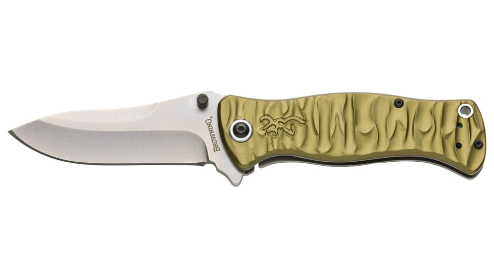Browning River Stone 3.5in Folder Knife, Drop Point, D2 High Carbon Steel Blade, Aluminum Handle, Green, 3220464