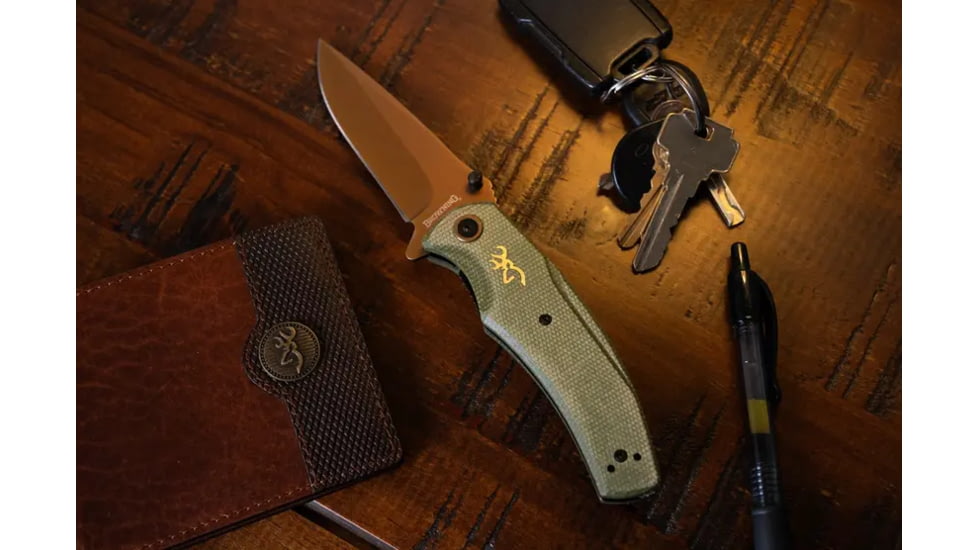 Browning Trailside Folding Knife, 3.5in, D2 High Carbon Steel, Drop Point, Laminate Handle, N, 3220466