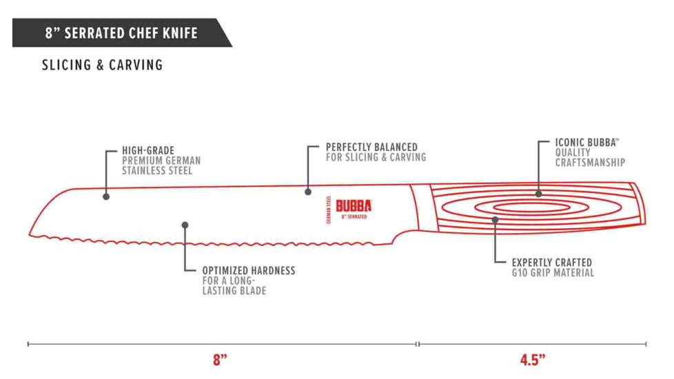 Bubba Blade Chef Series Serrated Kitchen Knife, 8in, Stainless Steel, G10 Handle, 1114267