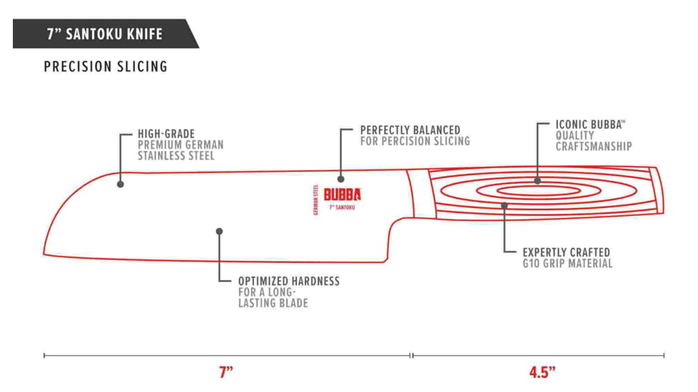 Bubba Blade Japanese Style Santoku Chef Kitchen Knife, 7in, Stainless Steel, G10 Handle, 1114265