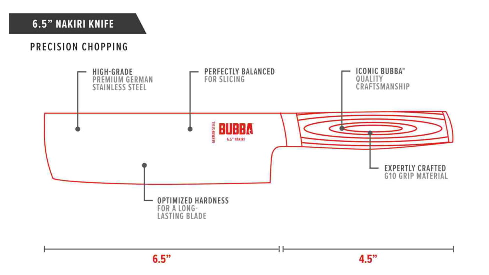 Bubba Blade Nakiri Kitchen Knife, 6.5in, Stainless Steel, G10 Handle, 1151297