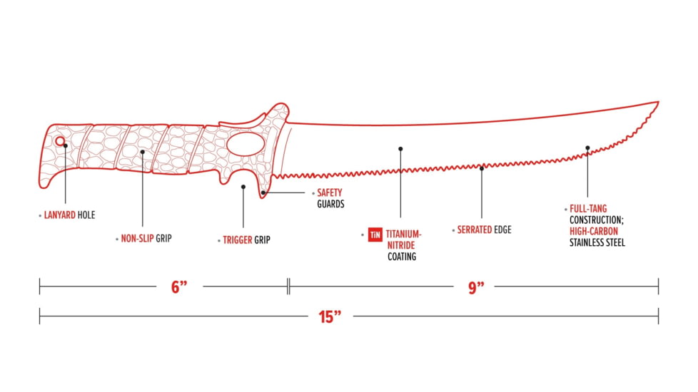 Bubba Blade Serrated Flex Fishing Fillet Knife, 9in, TiN-coated High Carbon Stainless Blade, 6in, Polymer Handle, 1112553