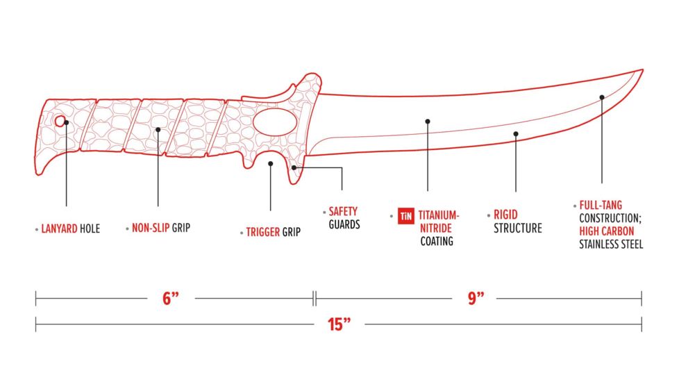 Bubba Blade Stiff 9in Fillet Knife, Carbon Stainless Steel Blade, Red Handle BB1-9S