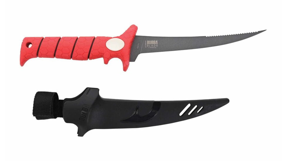Bubba Tapered Flex Spine Fillet Knife, 7in, Stainless Steel, Serrated, Red Handle, 1213884