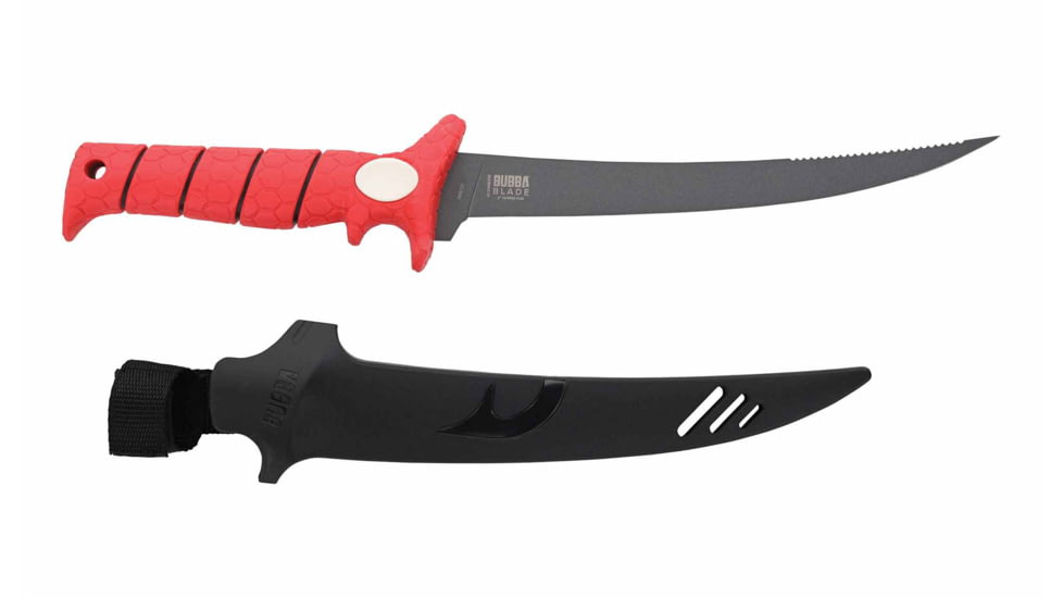 Bubba Tapered Flex Spine Filltet Knife, 9in, Stainless Steel, Serrated, Red Handle, 1213885
