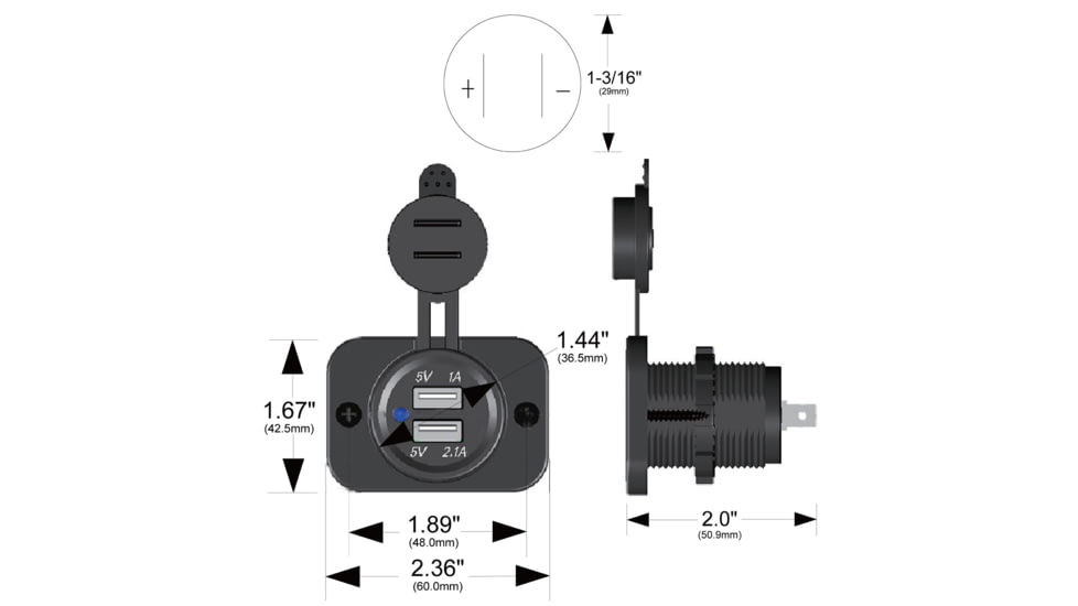 Bulldog Winch USB Power Socket, Dual 5V 1A and 2.1A with Cover and 3 Mounting Brackets, Black, 20287