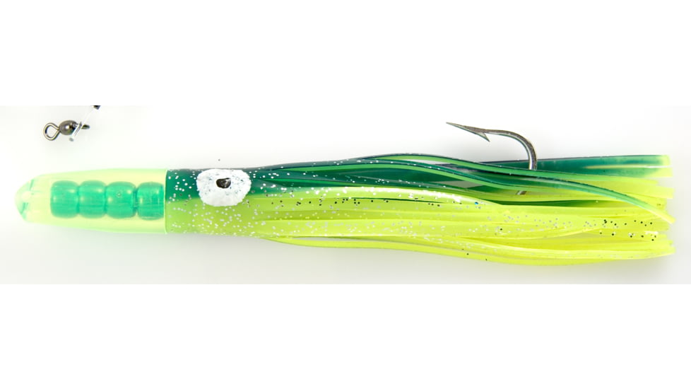 C&amp;H Lures Rattle Jet Trolling Lure Rigged &amp; Ready, 100LB Mono, 6 ft, 7/0 Hook, Blue/Chartreuse Skirt, CH-RJ-06